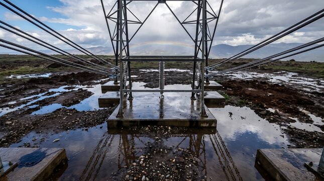 Base of a large steel electricity pylon surrounded by puddles reflecting cloudy sky and mountains with electricity foundation structure reflection