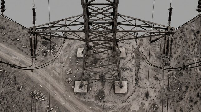 Overhead aerial view of a tall metal electricity transmission pylon standing in a dry desert terrain with electricity transmission overhead
