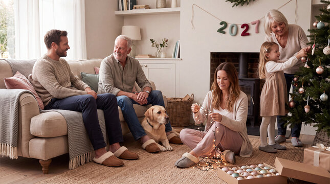 Three generations of a family are decorating the Christmas tree for the New Year 2027 celebration. Concepts: Christmas, multi-generational family, family holiday, New Year preparations
