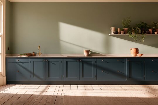 Wide sage green kitchen wall with deep blue cabinetry and wooden floors, featuring soft light and copy space for a product mockup