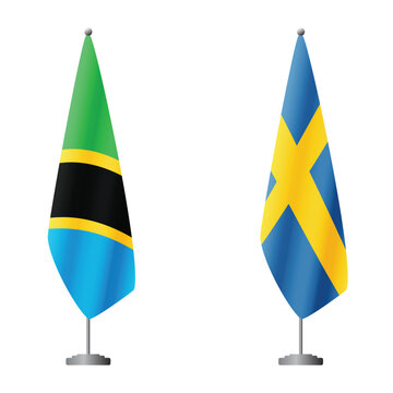 Tanzania and Sweden flags on flagpoles for official ceremonies and meetings, transparent background vector