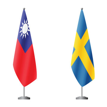 Taiwan and Sweden flags on flagpoles for official ceremonies and meetings, transparent background vector