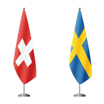 Switzerland and Sweden flags on flagpoles for official ceremonies and meetings, transparent background vector