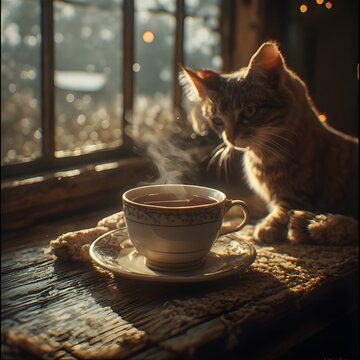 Cat next to a mug with tea in a warm cozy cafe.