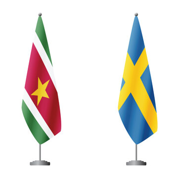 Suriname and Sweden flags on flagpoles for official ceremonies and meetings, transparent background vector
