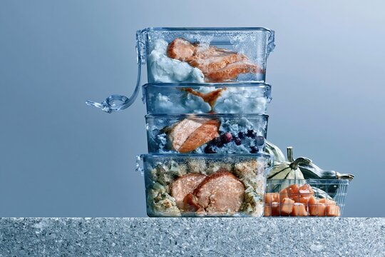 Stacked clear glass storage boxes with leftover holiday food on a cool grey counter, featuring condensation and a clean background for meal planning