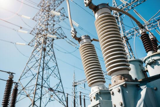 High voltage electrical substation components under clear blue sky. Professional imagery depicting energy distribution and modern power grid infrastructure.