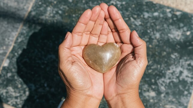 Cupped hands holding a polished heart shaped stone with a glazed surface on a mottled teal background, with copy space for charity and healthcare banners