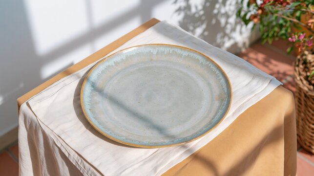 Sage green ceramic dinner plate with a smooth glaze, resting on a tan fabric surface in soft window light for kitchenware catalogs and mockup layouts