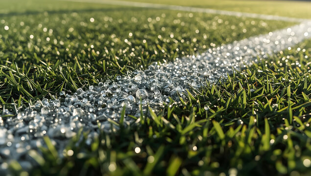 Icy white boundary line on football pitch