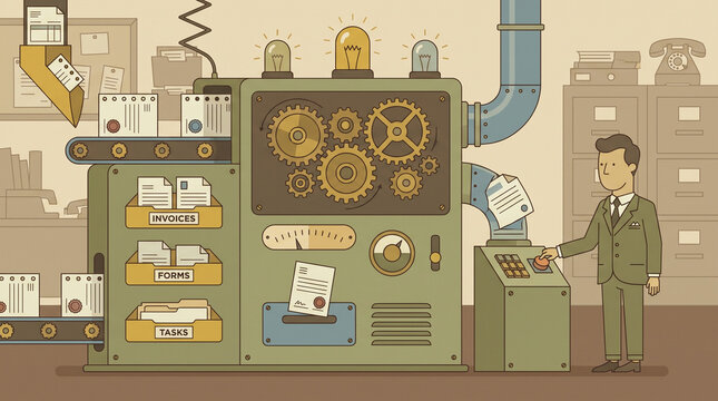 Mechanical invoice processing machine with gears, conveyor belt, forms, and office worker