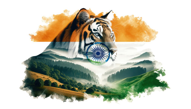 Tiger stands in front of an Indian flag with mountains and trees in the background during a sunny day