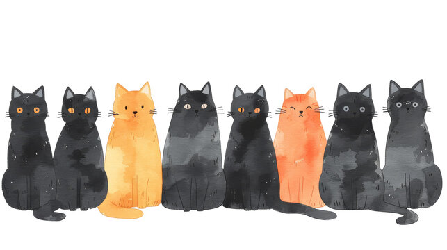 Colorful group of cats sitting in a row with different fur colors and patterns