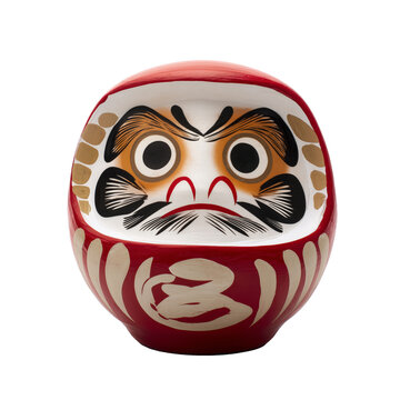 Daruma doll made of wood with painted face and body showing traditional Japanese design
