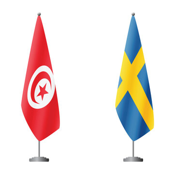 Tunisia and Sweden flags on flagpoles for official ceremonies and meetings, transparent background vector