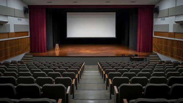 Modern school auditorium stage with blank screen &ndash; Suitable for school assembly, drama department, or event venue rental.