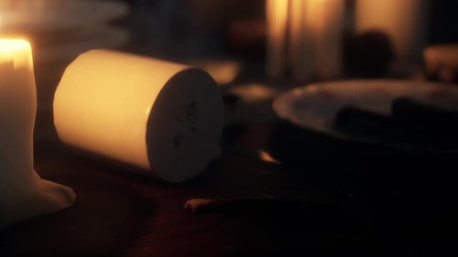 A candle flickers on a wooden table. Nearby are empty dishes and utensils. The setting is dimly lit, creating shadows around the objects.