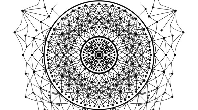 Complex geometric mandala with intricate interconnected network lines and dots.