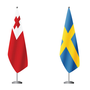 Tonga and Sweden flags on flagpoles for official ceremonies and meetings, transparent background vector