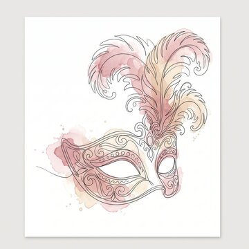 Elegant Venetian Masquerade Mask with Feathers and Pastel Pink Watercolor Wash