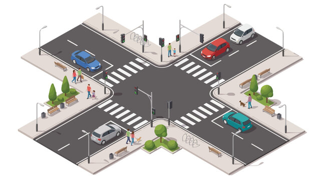 An isometric vector illustration of a city intersection with cars, pedestrians, traffic lights, and crosswalks
