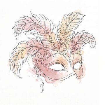 Venetian Carnival Mask with Large Plume Feathers and Soft Watercolor Texture