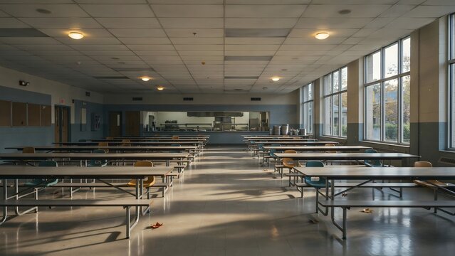 Sunbeams across tables in empty school canteen &ndash; Perfect for back to school morning, campus atmosphere, or facility interior.