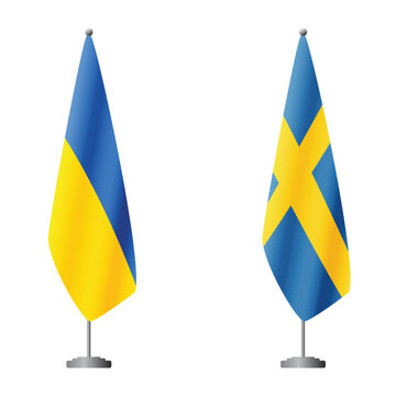Ukraine and Sweden flags on flagpoles for official ceremonies and meetings, transparent background vector