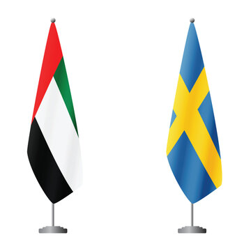 United Arab Emirates and Sweden flags on flagpoles for official ceremonies and meetings, transparent background vector