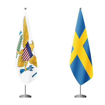 United States Virgin Islands and Sweden flags on flagpoles for official ceremonies and meetings, transparent background vector