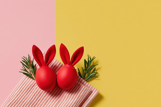 Decorated Easter eggs with felt rabbit ears on a striped cloth, featuring a vibrant matte finish and greenery for spring holiday banners and copy space