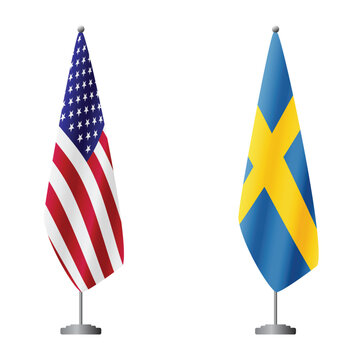 United States and Sweden flags on flagpoles for official ceremonies and meetings, transparent background vector
