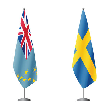 Tuvalu and Sweden flags on flagpoles for official ceremonies and meetings, transparent background vector