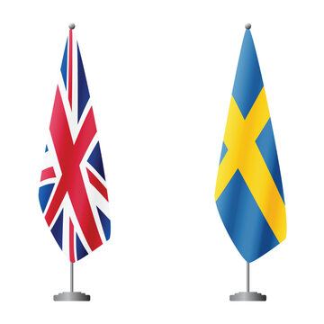 United Kingdom and Sweden flags on flagpoles for official ceremonies and meetings, transparent background vector