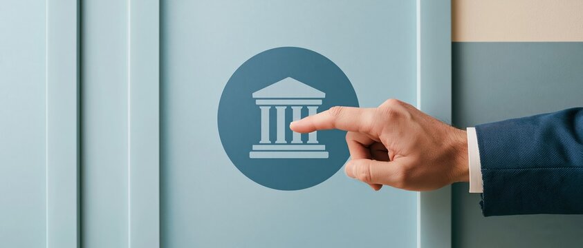 Hand of a person in a suit touching a circular government building icon on a frosted glass panel for e-government and citizen portal services