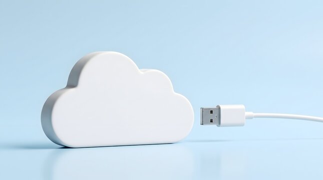 White cloud shape connected to USB cable on blue background