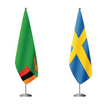 Zambia and Sweden flags on flagpoles for official ceremonies and meetings, transparent background vector
