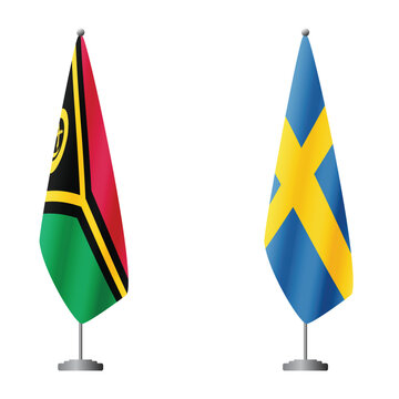 Vanuatu and Sweden flags on flagpoles for official ceremonies and meetings, transparent background vector