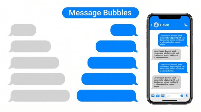 Message bubbles on smartphone screen vector set. Blue and gray chat clouds for mobile app interface design. Realistic phone mockup with digital communication software display layout