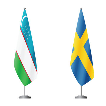Uzbekistan and Sweden flags on flagpoles for official ceremonies and meetings, transparent background vector