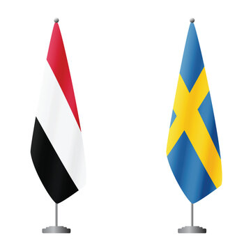 Yemen and Sweden flags on flagpoles for official ceremonies and meetings, transparent background vector