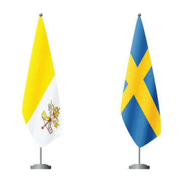 Vatican and Sweden flags on flagpoles for official ceremonies and meetings, transparent background vector