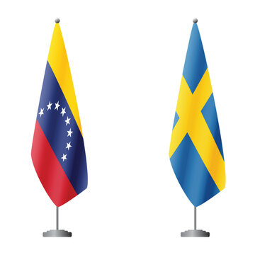 Venezuela and Sweden flags on flagpoles for official ceremonies and meetings, transparent background vector