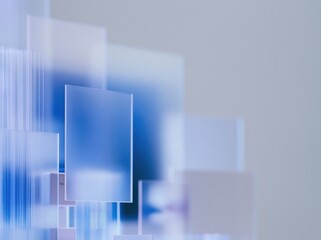 Fototapeta premium Translucent glass panels and fiber-optic strands in a soft lavender and blue palette, creating a sleek mockup background for technology and business