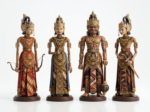 Four traditional Indonesian wayang wooden puppets on white background