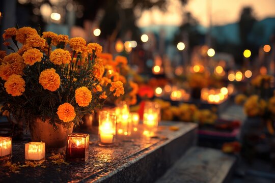 Flower-adorned cemetery grave with candles and memorial decorations softly blurred in the background