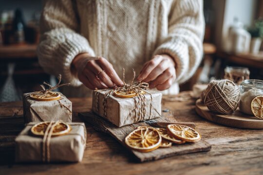 Woman carefully wrapping a handcrafted holiday present with simple festive paper and natural embellishments