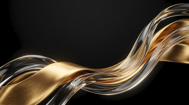 Abstract gold and silver metallic ribbons on black background