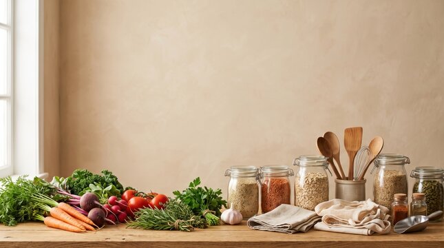 Rustic kitchen counter with fresh organic vegetables and pantry staples