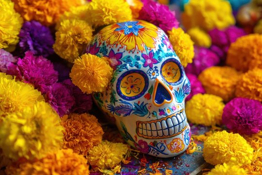 Colorful calavera centerpiece surrounded by bright marigolds and festive D&iacute;a de Muertos decorations